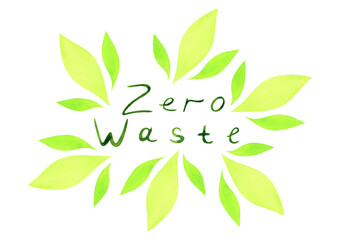 Watercolor eco inscription zero waste in a frame of leaves. Watercolor eco illustration, isolated on transparent background. For eco design, web design, postcard design.
