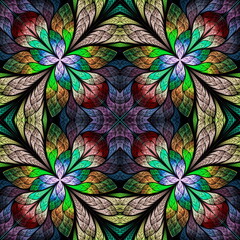 Multicolored floral pattern in stained-glass window style. You can use it for invitations, notebook covers, phone cases, postcards, cards, wallpapers and so on. Artwork for creative design. - 542715157