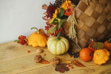 Naklejka na ściany i meble Autumn flowers in stylish basket, pumpkins, berries and nuts on rustic wooden table in room. Seasons greeting card. Happy Thanksgiving! Harvesting at farm. Atmospheric autumn still life