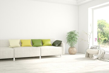 Fototapeta na wymiar Modern living room in white color with sofa. Scandinavian interior design. 3D illustration