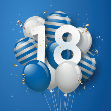 Happy 18th birthday with blue balloons greeting card background. 18 years anniversary. 18th celebrating with confetti. Vector stock