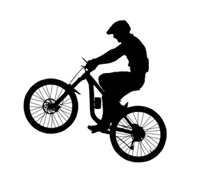 Detailed silhouette of mountain bike rider popping wheelie - obrazy, fototapety, plakaty