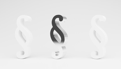 Abstract 3d-illustration of three paragraph signs with the colours silver and white beside each other in front of a white background as a symbol for legislation and judgement