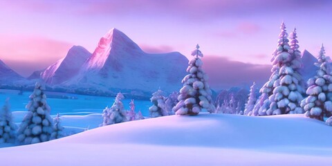 Calm and clean Winter landscape with snow, mountains and fir trees against blue sky with clouds. Bright christmas wallpaper. 3D render.