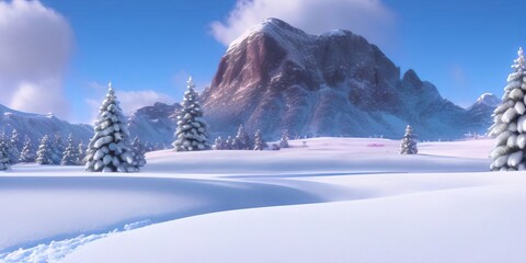 Calm and clean Winter landscape with snow, mountains and fir trees against blue sky with clouds. Bright christmas wallpaper. 3D render.