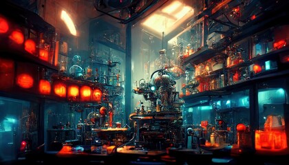 Mad scientist laboratory, machinarium interior with intricate machinery - obrazy, fototapety, plakaty