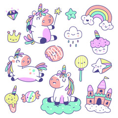 Set of unicorn and element in kawaii style