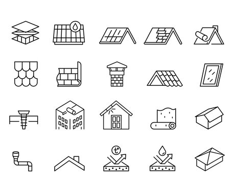 Roof icons set. housetop construction materials, waterproofing icon set. Outline set of roof vector icons for web design isolated on white background. Lines with editable stroke