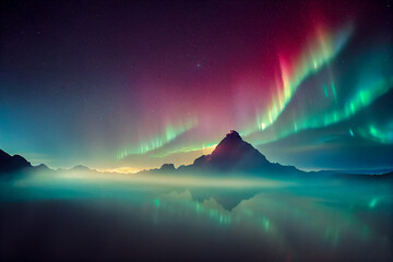 Aurora borealis on the Norway. Green northern lights above mountains. Night sky with polar lights....