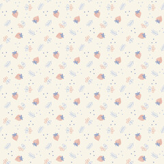 seamless pattern of strawberries, twigs,  and flowers. Good for textile, wallpaper or print design.