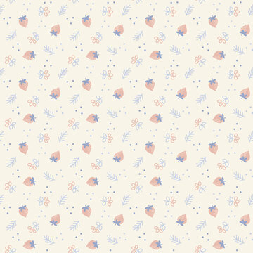 seamless pattern of strawberries, twigs,  and flowers. Good for textile, wallpaper or print design.