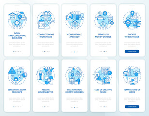 Remote work experience blue onboarding mobile app screen. Walkthrough 5 steps editable graphic instructions with linear concepts. UI, UX, GUI template. Myriad Pro-Bold, Regular fonts used