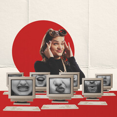Creative design. Conceptual artwork. Young woman holding head in information overflow. Retro...