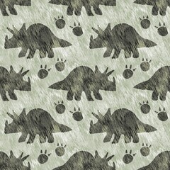 Green hand drawn triceratops dinosaur seamless pattern. Gender Neutral Jurassic fossil silhouette for baby nursery. Gender neutral home decor for museum, extinction and textile design.  © Leah