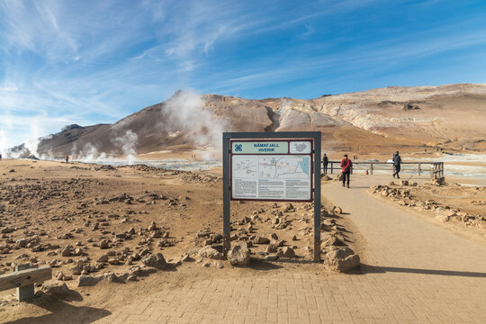 Namafjall is Iceland popular geothermal area with a unique landscape of steaming pools and mudpots. Attracts many visitors, and they are not recognizable