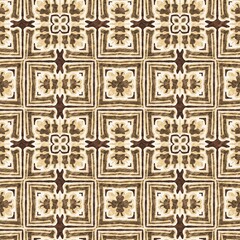Mosaic geometric dark brown seamless texture pattern. Trendy kaleidoscope woven design for printed fabric. Rough abstract textile design. 