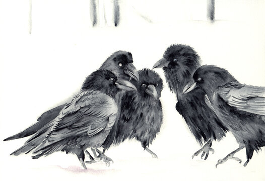 Watercolor illustration of five black crows standing in a circle on white snow in winter