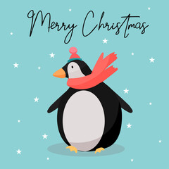 Merry Christmas penguin greeting card. Winter holidays