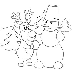 Vector coloring pages with cute deer sculpts a snowman in the winter forest. Cartoon contour illustration isolated on white background