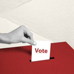 Creative design. Conceptual image. Female hand putting voting blank, ballot into box.