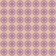 Seamless pattern design with circles formed by points in lilac color with a beige background