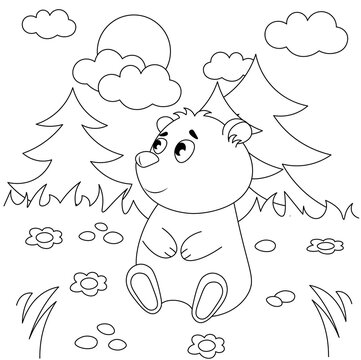 Vector coloring pages with cute bear sits on a clearing in the forest. Cartoon contour illustration isolated on white background