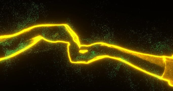 Luminous contours of the hands, greeting fingers, move the palm. Concept of meeting in space, caring for a friend, love. 3c render, abstraction, luminous hands.
