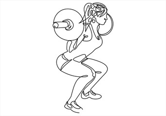 Woman lifting weights continuous one line drawing.  Squats with barbell linear design element - obrazy, fototapety, plakaty
