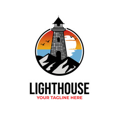 lighthouse building on the sea vector template. light beacon tower graphic illustration.