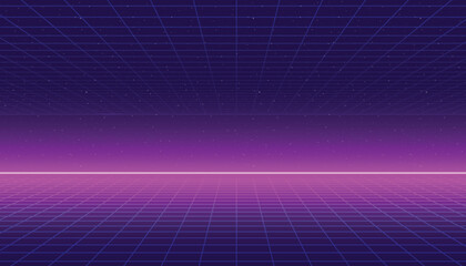 A vector 80s grid background with a neon horizon