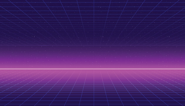 A vector 80s grid background with a neon horizon