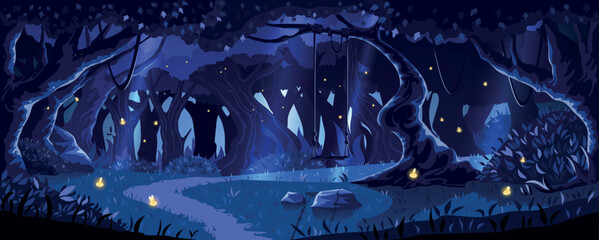 Panoramic view of the mysterious night fairy forest from the swing cartoon concept, path through the trees in the forest, game scene, fireflies in a dark forest, for banner, poster