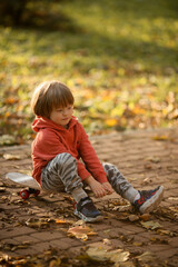 a little boy rides a skateboard in the park in the fall