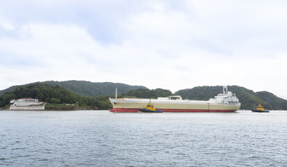 Fototapeta premium Tanker entering the Port of Santos and in the background the Fort of Santo Amaro