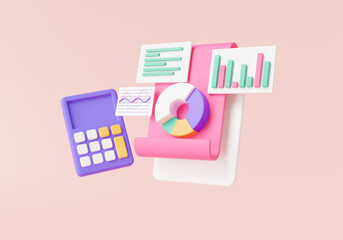 Business financial chart graph with calculator. Financial development, Financial analysis, statistics, Financial reports statement, budget management. Accounting concept. 3d icon render illustration