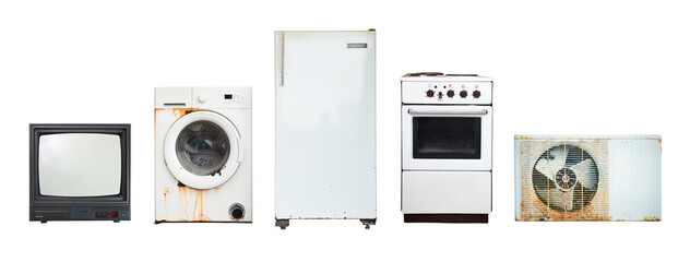 Old household appliances TV, washing machine, refrigerator, electric stove, air conditioner...