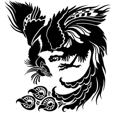 Chinese phoenix or Feng Huang magical bird. One of the celestial feng shui animals. Black silhouette. Isolated vector illustration