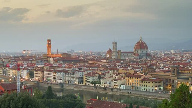 Time lapse Sunset view of Florence, Italy. Time lapse day to night of evening Florence old town with city lights panorama from piazzale michelangelo 