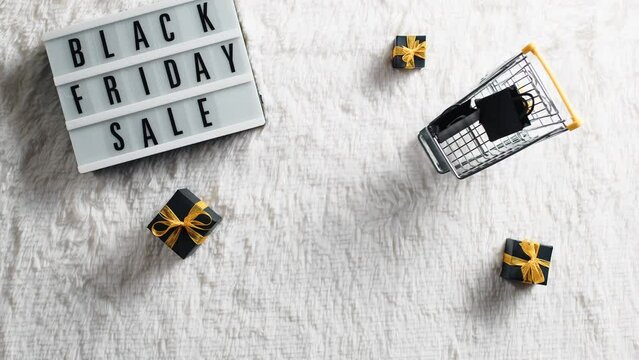 Black Friday sale online flat layer background with shopping cart