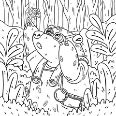 Cute bear botanist in glasses, explores new plants. Gardening grizzly. Animal in the forest. Vector coloring page children illustration.
