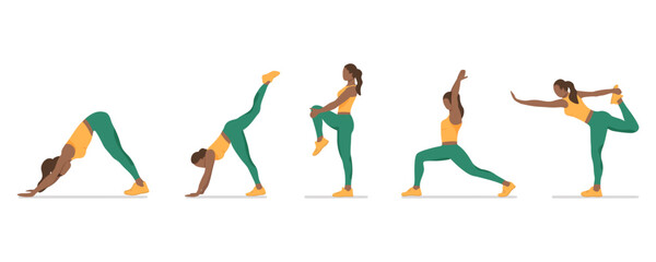 Set of poses faceless, black, dark-skinned woman yoga and stretching, collection of female cartoon yoga positions isolated on white background, full body yoga workout