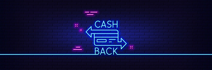 Neon light glow effect. Credit card line icon. Banking Payment card sign. Cashback service symbol. 3d line neon glow icon. Brick wall banner. Cashback card outline. Vector