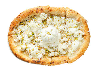 Cheesy pizza of six kinds of cheese and pistachios. Roman pinza, italian food.