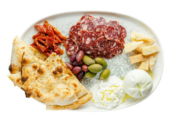 Antipasto platter with different cheese, meat and focaccia