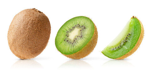 Set of whole and cut kiwi fruit