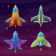 Set of vector cartoon space ships and rockets for arcade games, computer games, shooter games, futuristic alien spaceships for play supplies, ships of the future, jet powered ships 