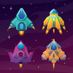 2 d Cartoon galaxy space starships for game, arcade game, shooter game, vector set of various colored starships, rockets of the future, futuristic alien spaceships, alien technology