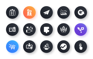 Minimal set of Shopping cart, Update time and Paper plane flat icons for web development. Megaphone, Truck delivery, Puzzle icons. Certificate, Water bottles, Like web elements. Vector
