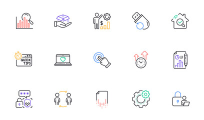 Quick tips, Recovery file and Touchscreen gesture line icons for website, printing. Collection of Cogwheel, Inspect, Web love icons. Employees wealth, Workflow, Hold box web elements. Vector