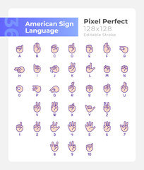 American sign language pixel perfect RGB color icons set. Communication. Isolated vector illustrations. Simple filled line drawings collection. Editable stroke. Montserrat Bold, Light fonts used